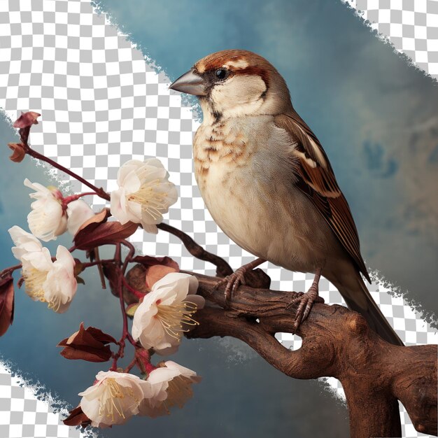 PSD female house sparrow passer domesticus alone in dark environment transparent background