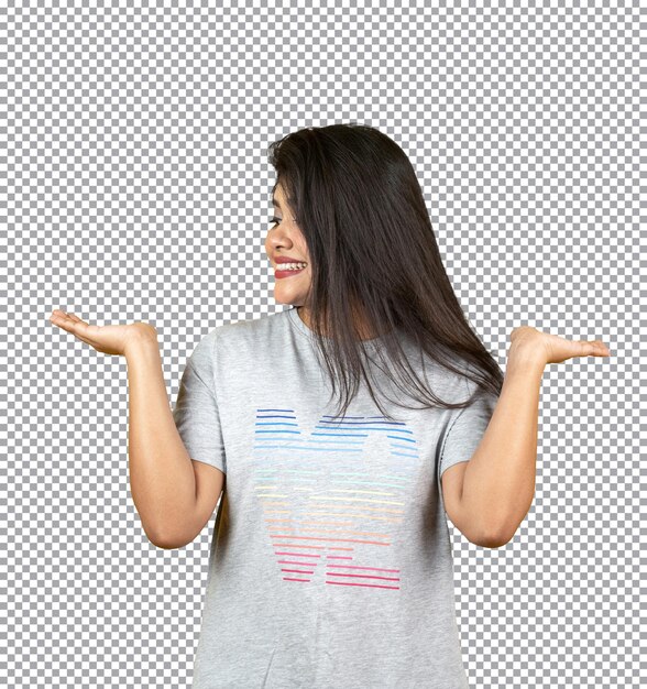 Female isolated white background showing a concept on copy space