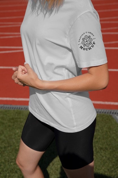 PSD female jogger wearing t-shirt mock-up