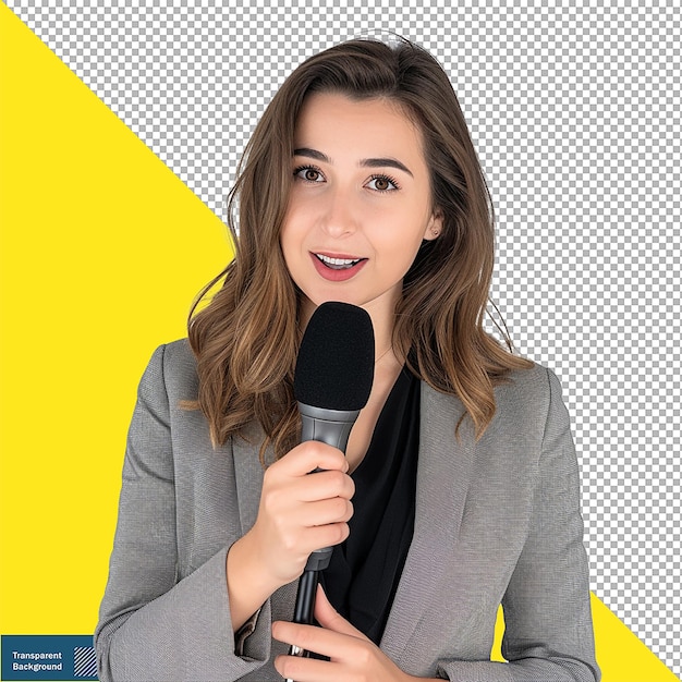 PSD female journalist with microphone photo on transparent background png psd