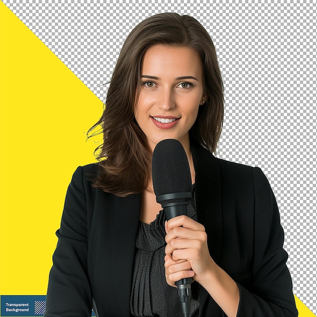 PSD female journalist with microphone photo on transparent background png psd