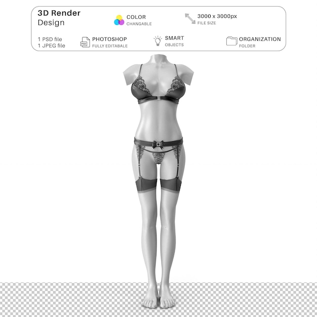 PSD 女性マネキンが着ているランジェリーモックアップ 3dモデリング psdファイル 現実的なランジェリー