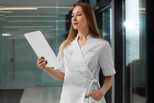 白衣のモックアップ デザインを身に着けている女性の医者