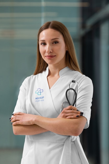 Female medic wearing lab coat mock-up design
