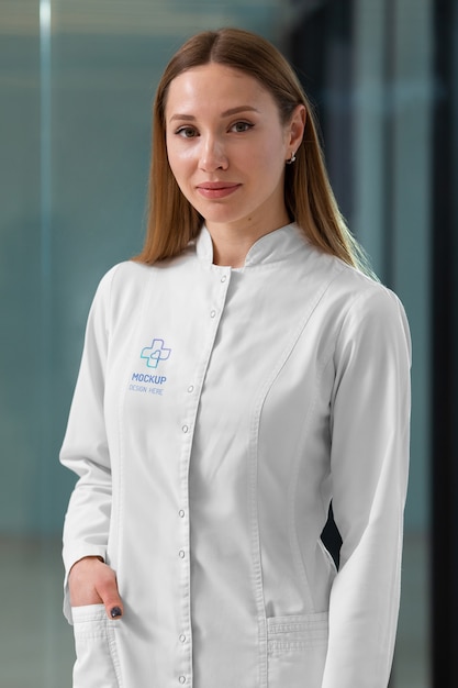 Female medic wearing lab coat mock-up design