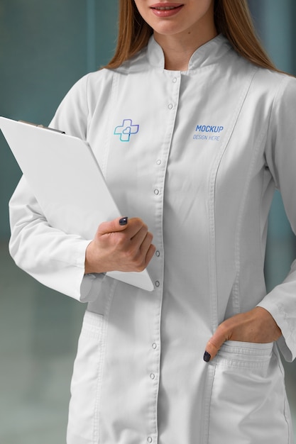 Female medic wearing lab coat mock-up design