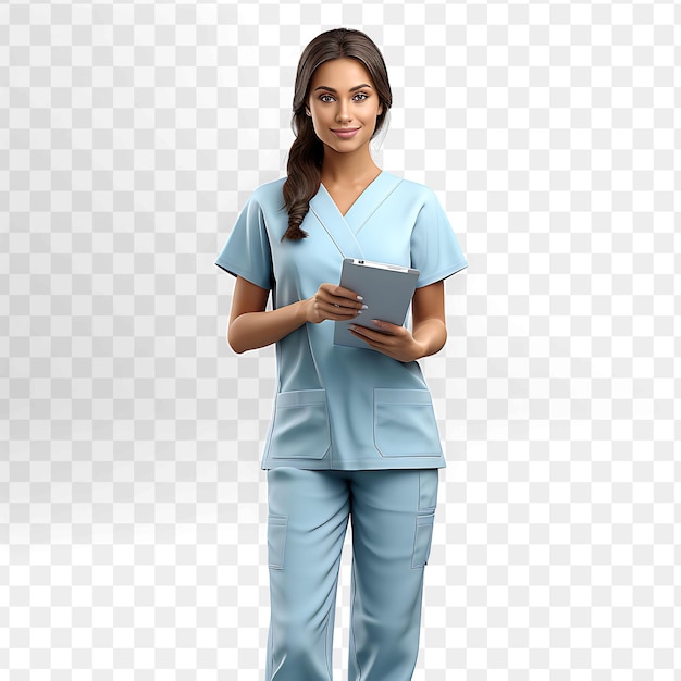 A female nurse with a folder that says  she is holding a clipboard