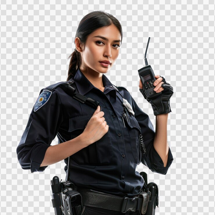 PSD female police officer talking to walkietalkie on transparency background psd