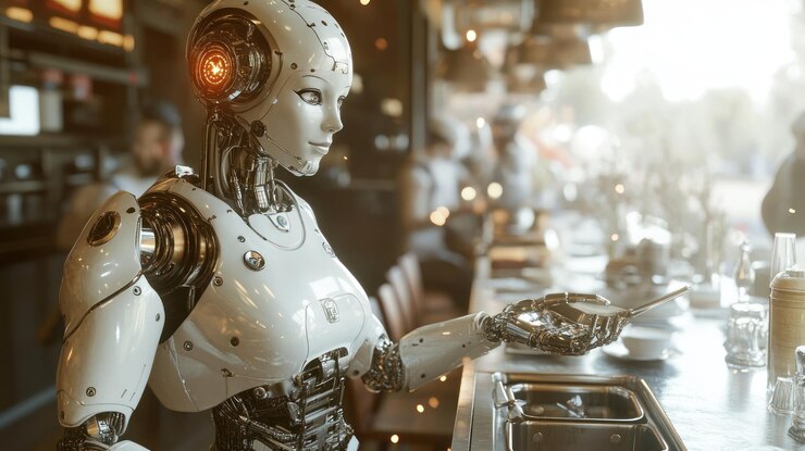 PSD female robot barista serving coffee in futuristic cafe