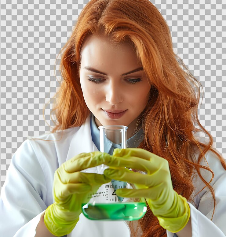 PSD female scientist analyzing conical flask consisting of chemical solution on a transparent background