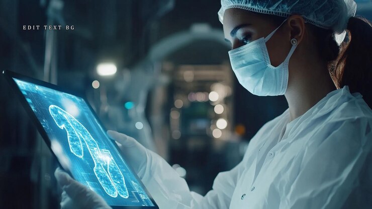 PSD female scientist examining digital lung scan on tablet in lab