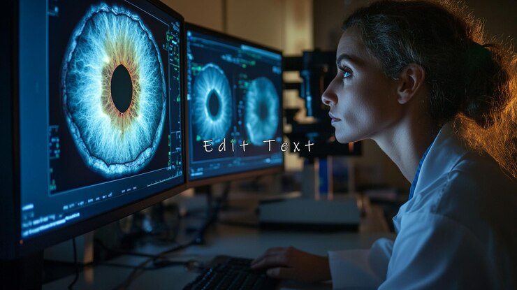 PSD female scientist examining iris scans on computer monitors in a lab