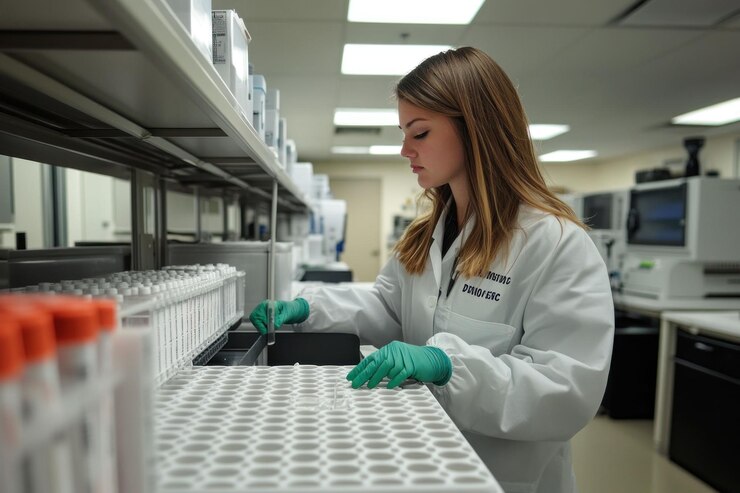 PSD a female scientist in a lab coat and green gloves working on a lab bench with test tubes
