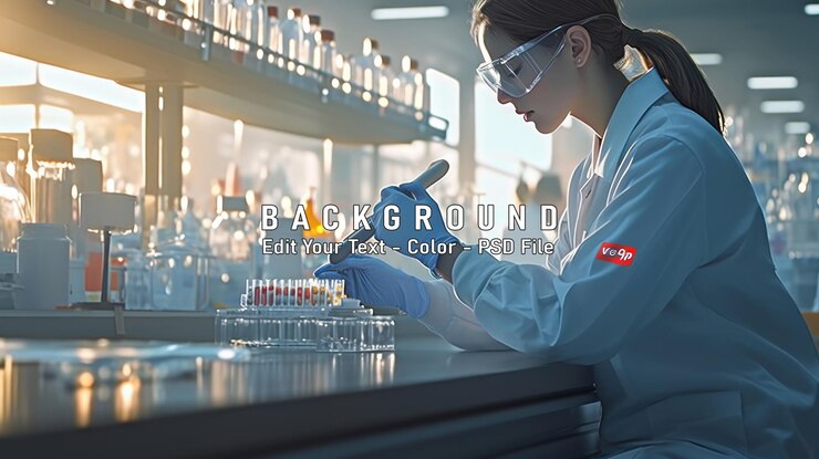 PSD 실험실 코트와 안전 안경을 입은 여성 과학자가