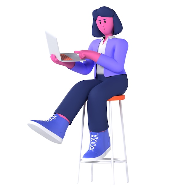 PSD female sit hold laptop business pose 3d