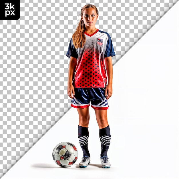 PSD a female soccer player with a blue and red shirt with the number x on it