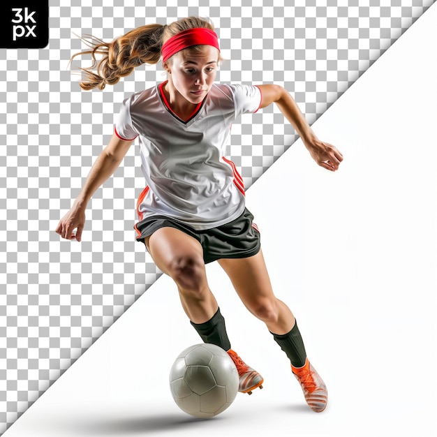 PSD a female soccer player with a red headband is running with the ball