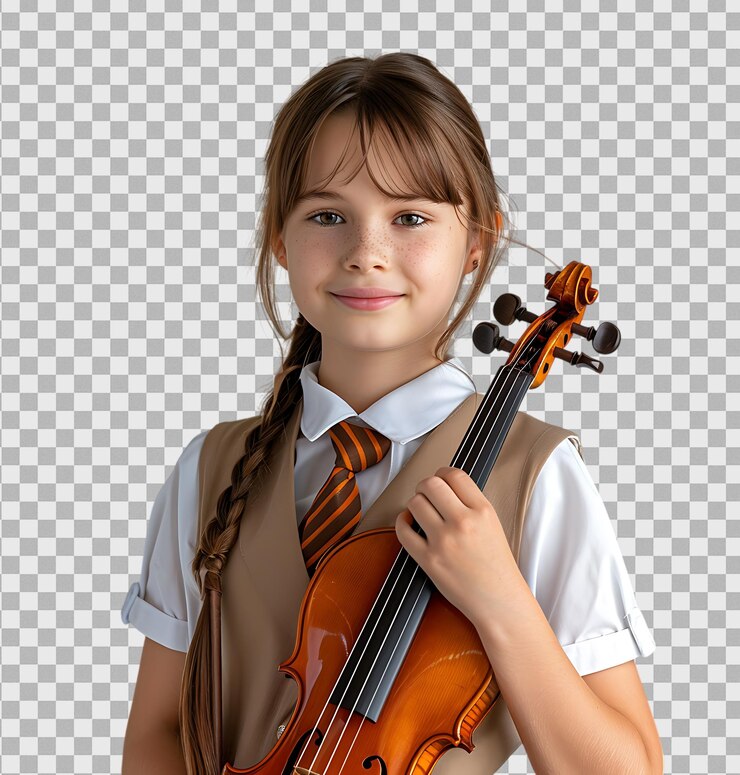 Female student with violin on isolated transparent background