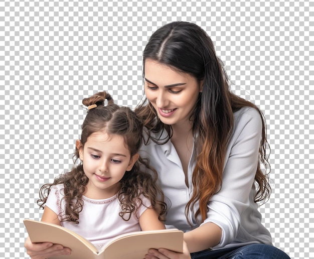 PSD female teacher and girl kid student reading book isolated on transparent background