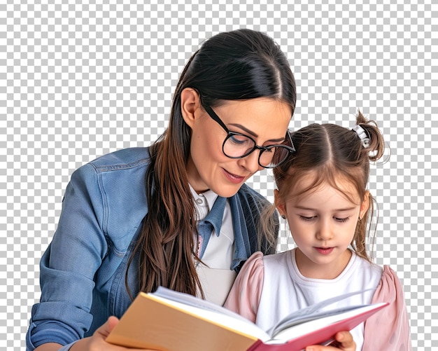 Female Teacher and Girl Kid Student Reading Book Isolated on Transparent Background