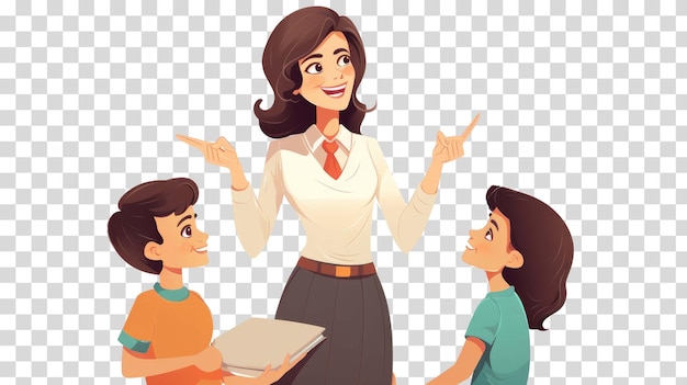 Female teacher with students isolated on transparent background vector illustration