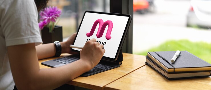 PSD female using mockup digital table with keyboard