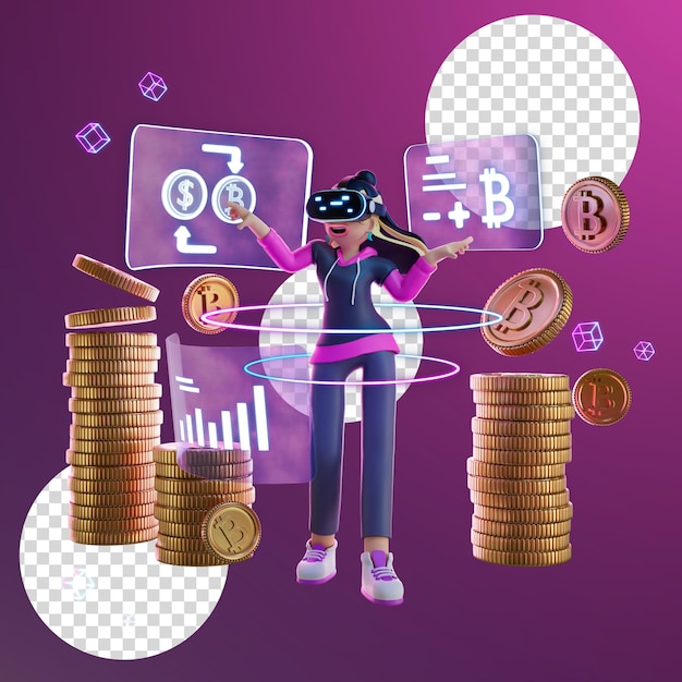 PSD female wearing glasses vr making profits from crypto trading and a lot of coins piled up behind 3d rendering