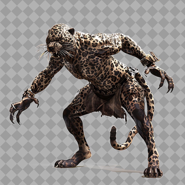 PSD female wereleopard african mythology style creature with hal isolated high quality character render