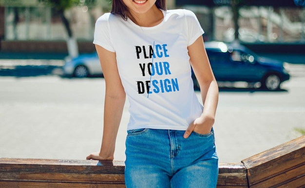 PSD female white tshirt mockup