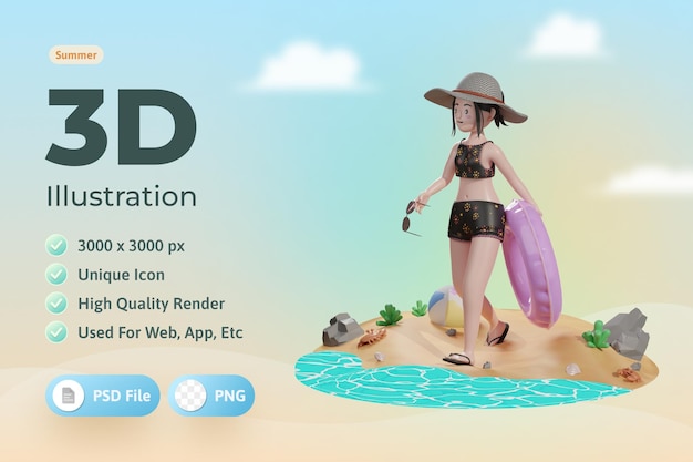 Female with floating balloon summer 3d Illustration