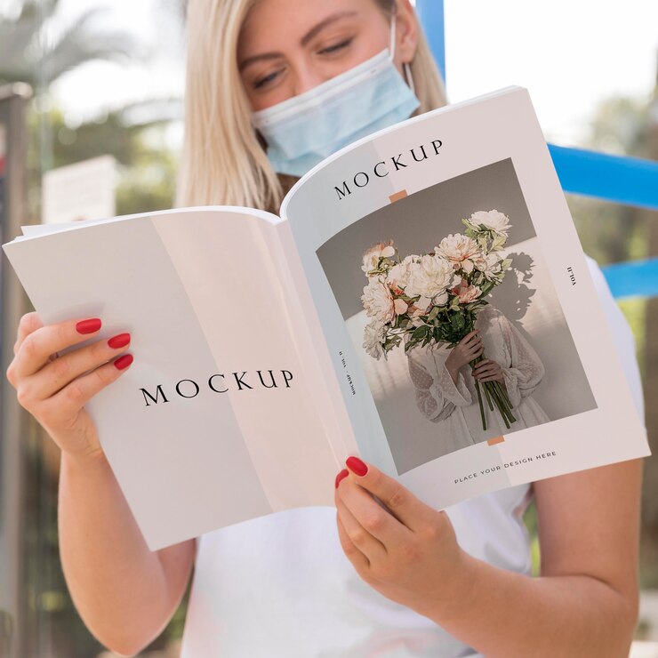 PSD female with mask on street reading book