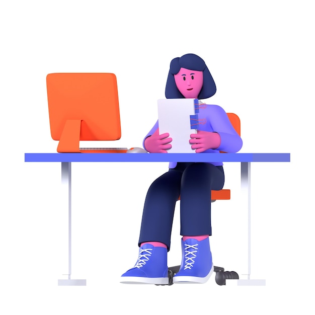 Female Working on file document report business Pose 3D