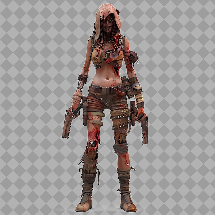 PSD female zombie post apocalyptic survivor with decaying form t isolated high quality character render