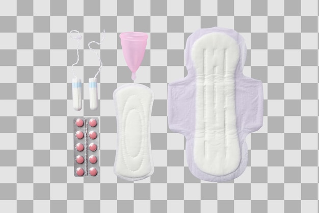 feminine hygiene and menstruation feminine hygiene products pads tampons menstrual cups and pain relief isolated on white png