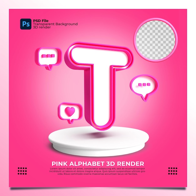 Femminismo alphabet t 3d render con colore ed elementi rosa