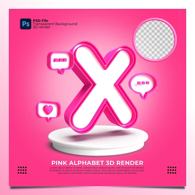 Feminisme alfabet x 3d render met roze kleur en elementen