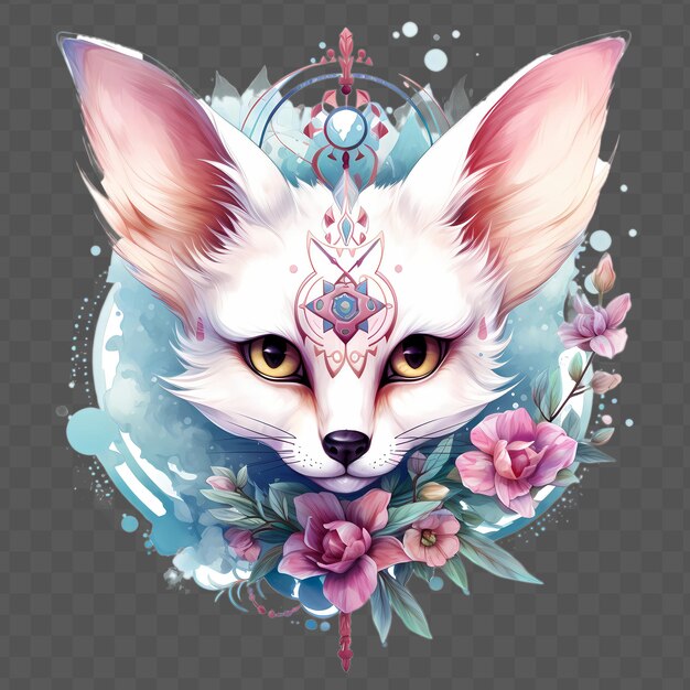 PSD fennec fox head with flowers on his head in the s waterclor style isolated psd transparent design