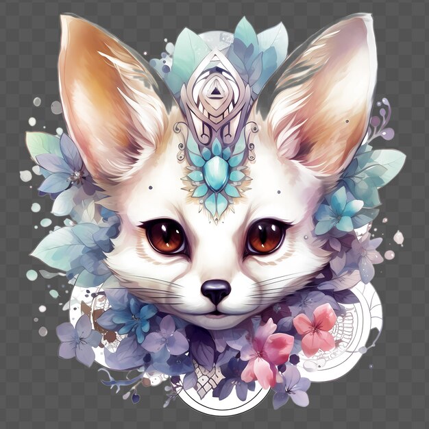 PSD fennec fox head with flowers on his head in the s waterclor style isolated psd transparent design