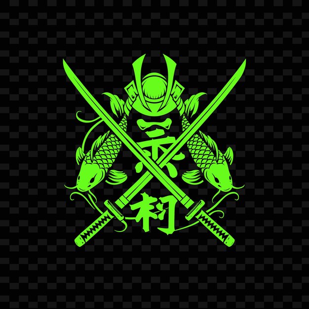 PSD feodale samurai mon logo met koi vis en katana zwaarden voor creatieve tribale vector ontwerpen