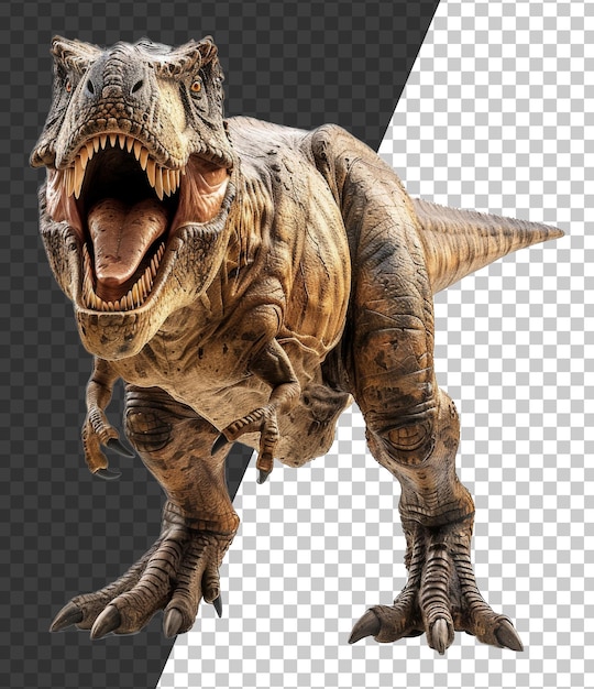 PSD ferocious tyrannosaurus rex roaring with open mouth on transparent background stock png