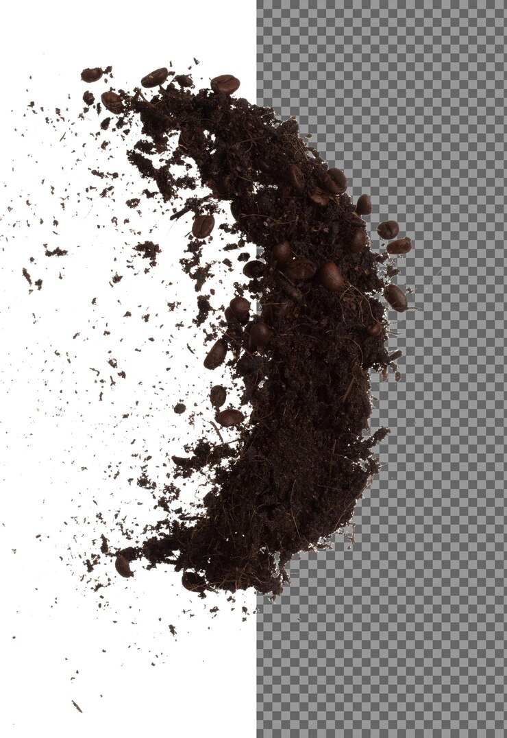 PSD fertilizer coffee bean seed powder mixed soil fly fall fertilizer coffee bean soil for planting float in air fertilizer coffee bean throw in mid air white background isolated high speed freeze