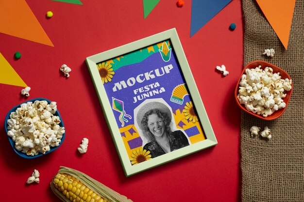 PSD festa junina frame mock-up design with popcorn and colorful paper