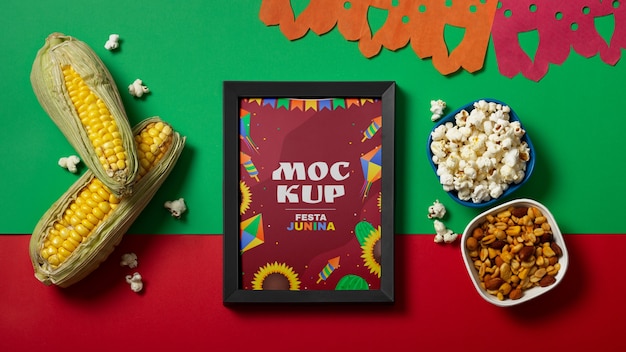 PSD festa junina frame mock-up design with popcorn and colorful paper