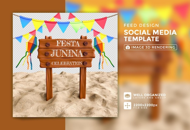 Festa junina wooden frame 3d render illustration