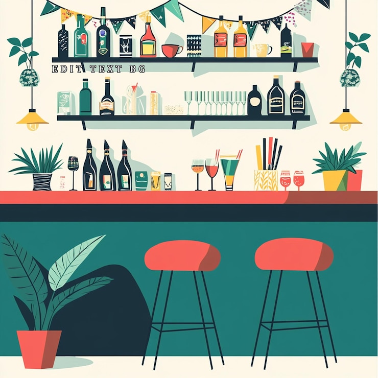 PSD festive bar interior with teal counter red stools liquor shelves and plants
