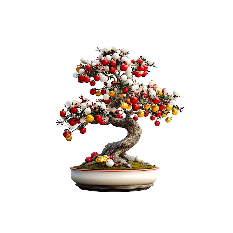 PSD festive bonsai tree with red white and gold ornaments winter holiday decoration