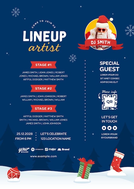 Festive christmas party lineup flyer template in psd