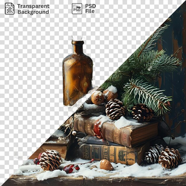 PSD a festive christmas scene featuring a brown vase filled with pine cones and a book set against a blue wall with a green tree in the background