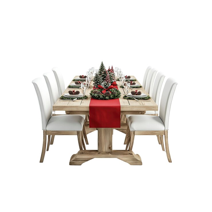 PSD festive christmas table setting with red table runner and pine cones