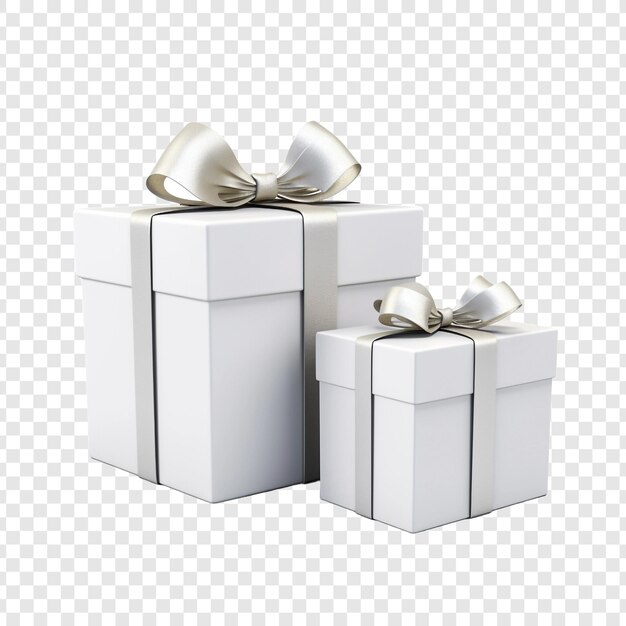 PSD festive concept white gift boxes with ribbon isolated on transparent background